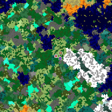 Predicted biome map of Java 1.16 seed 6394936432571946648 around estimated spawn