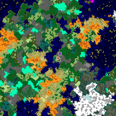 Predicted biome map of Java 1.16 seed 9021407510460185821 around estimated spawn