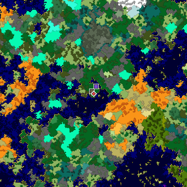 Predicted biome map of Java 1.16 seed 7648098899704598823 around estimated spawn