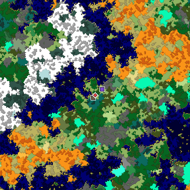 Predicted biome map of Java 1.16 seed -8986935533410876053 around estimated spawn