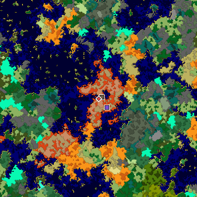 Predicted biome map of Java 1.16 seed 5902909620951531672 around estimated spawn