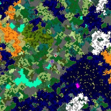 Predicted biome map of Java 1.16 seed 3089007488007119899 around estimated spawn