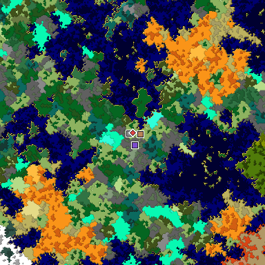 Predicted biome map of Java 1.16 seed -2841931975486597972 around estimated spawn