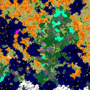 Predicted biome map of Java 1.16 seed 792306317507731569 around estimated spawn
