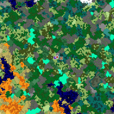 Predicted biome map of Java 1.16 seed -3707706103477226247 around estimated spawn