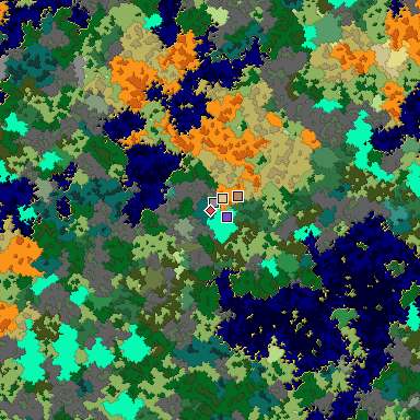 Predicted biome map of Java 1.16 seed 7786454433477556518 around estimated spawn