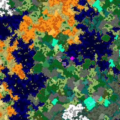 Predicted biome map of Java 1.16 seed -2949676429784713588 around estimated spawn