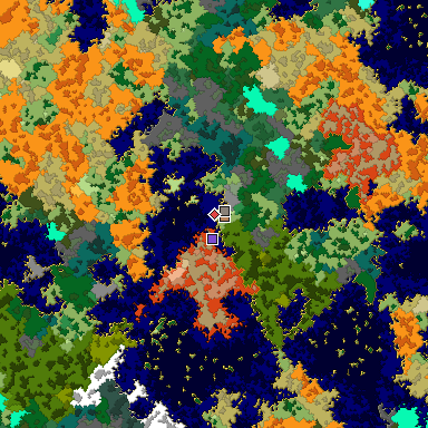 Predicted biome map of Java 1.16 seed 6878838351750295914 around estimated spawn