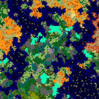 Predicted biome map of Java 1.16 seed 9203685672751488304 around estimated spawn