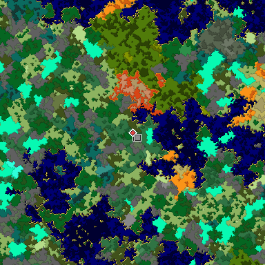 Predicted biome map of Java 1.16 seed 3180605449329493945 around estimated spawn