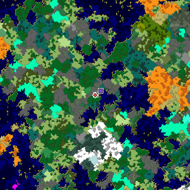 Predicted biome map of Java 1.16 seed -599597685621740754 around estimated spawn