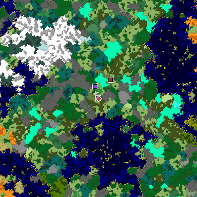 Predicted biome map of Java 1.16 seed 8446028962864238543 around estimated spawn