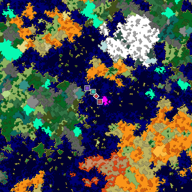Predicted biome map of Java 1.16 seed 3158226524473687638 around estimated spawn