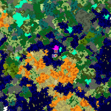 Predicted biome map of Java 1.16 seed -6683297212376260478 around estimated spawn