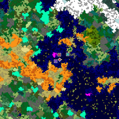 Predicted biome map of Java 1.16 seed -3663862584363611390 around estimated spawn