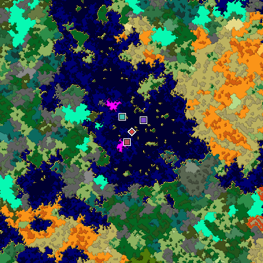 Predicted biome map of Java 1.16 seed -5647653659055904857 around estimated spawn