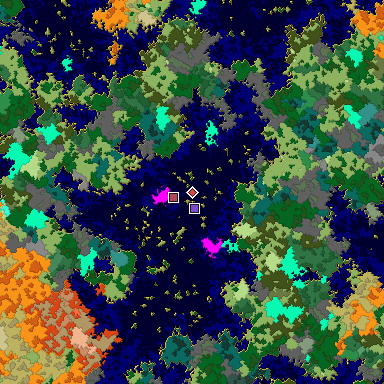 Predicted biome map of Java 1.16 seed -7375693648905778059 around estimated spawn