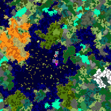 Predicted biome map of Java 1.16 seed 6233371029038832032 around estimated spawn