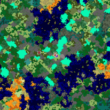 Predicted biome map of Java 1.16 seed 926132601781689369 around estimated spawn