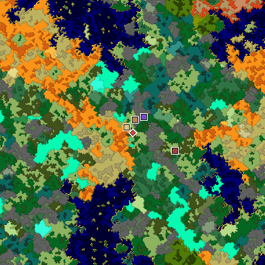 Predicted biome map of Java 1.16 seed 5834413241074753025 around estimated spawn
