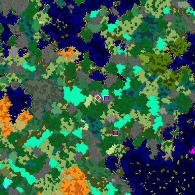Predicted biome map of Java 1.16 seed 5525828059158831788 around estimated spawn