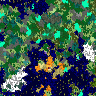 Predicted biome map of Java 1.16 seed 3542344663417787228 around estimated spawn