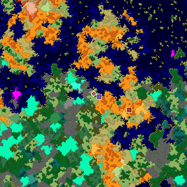 Predicted biome map of Java 1.16 seed 5899962380614758761 around estimated spawn