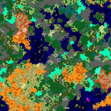 Predicted biome map of Java 1.16 seed 3104347903594778574 around estimated spawn