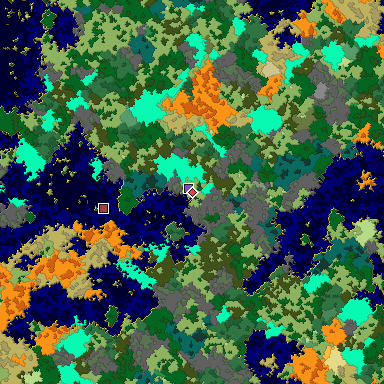 Predicted biome map of Java 1.16 seed -6965636469839256682 around estimated spawn