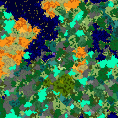 Predicted biome map of Java 1.16 seed -3395367767019794014 around estimated spawn