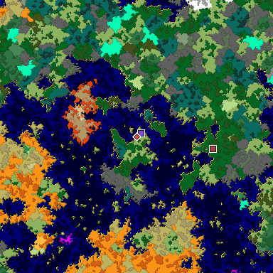 Predicted biome map of Java 1.16 seed -3341238527683602230 around estimated spawn