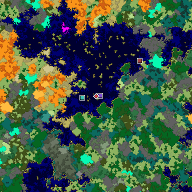 Predicted biome map of Java 1.16 seed 2369408978376017049 around estimated spawn