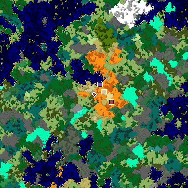 Predicted biome map of Java 1.16 seed 3890567591572758074 around estimated spawn
