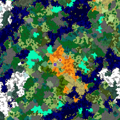 Predicted biome map of Java 1.16 seed 6259620255469580747 around estimated spawn