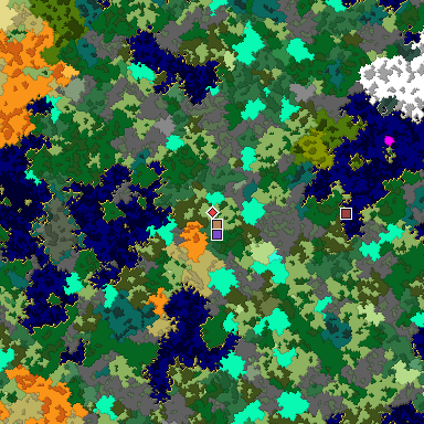 Predicted biome map of Java 1.16 seed 2910935429591145219 around estimated spawn
