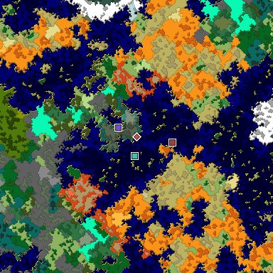 Predicted biome map of Java 1.16 seed -1627420130553902817 around estimated spawn
