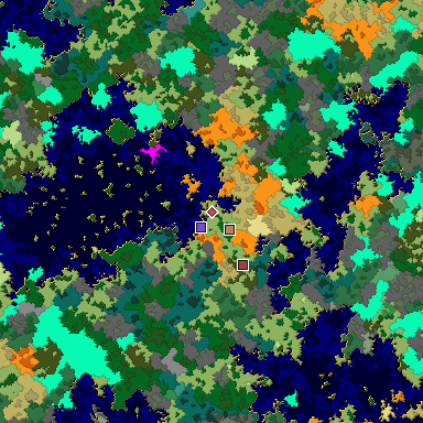 Predicted biome map of Java 1.16 seed -6569364451761933001 around estimated spawn