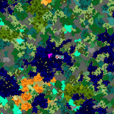 Predicted biome map of Java 1.16 seed 5583032915225267601 around estimated spawn