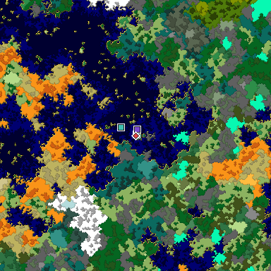 Predicted biome map of Java 1.16 seed 8700880233701519742 around estimated spawn