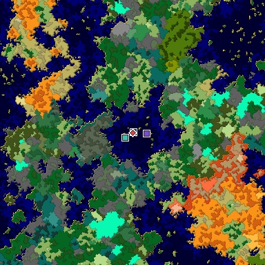 Predicted biome map of Java 1.16 seed -7643374196110301969 around estimated spawn