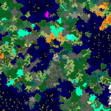 Predicted biome map of Java 1.16 seed 7985529167772947494 around estimated spawn