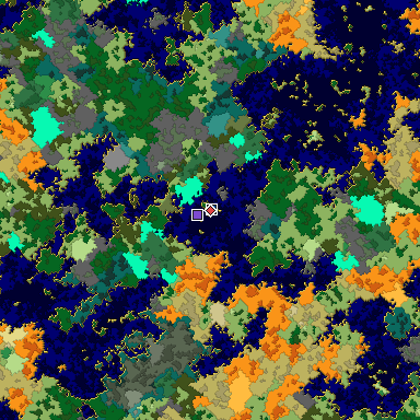 Predicted biome map of Java 1.16 seed -6248725944220500457 around estimated spawn
