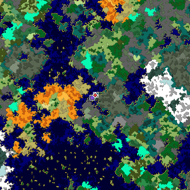 Predicted biome map of Java 1.16 seed 12909937809535657 around estimated spawn