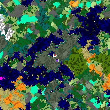 Predicted biome map of Java 1.16 seed 5557361235762969745 around estimated spawn