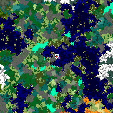 Predicted biome map of Java 1.16 seed -5648621678866657189 around estimated spawn