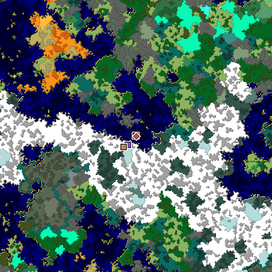 Predicted biome map of Java 1.16 seed 579765204011680451 around estimated spawn