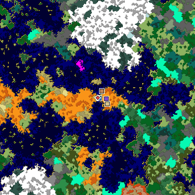 Predicted biome map of Java 1.16 seed -5824535716175379748 around estimated spawn