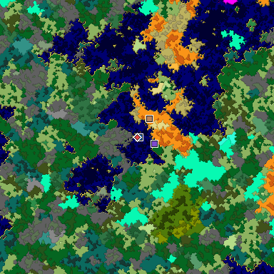 Predicted biome map of Java 1.16 seed 5634593086753368357 around estimated spawn