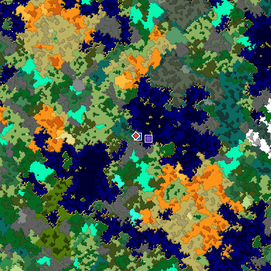 Predicted biome map of Java 1.16 seed -3734721186484658309 around estimated spawn