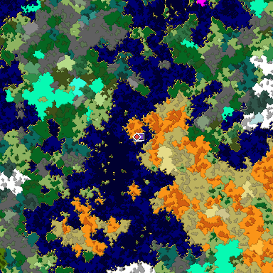 Predicted biome map of Java 1.16 seed 121369457087113805 around estimated spawn